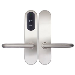 SALTO XS4 Original+ Escutcheon Mifare BLE ANSI 67mm Wide Body Z Handle Satin Stainless Steel Black Reader 47-53mm Door 7.6mm Spindle Indoor