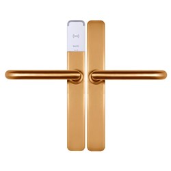 SALTO XS4 ONE HSE Electronic Escutcheon Z Handles White reader Satin Brass 7.6mm spindle.