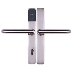 SALTO XS4 ONE Euro Escutcheon with Key Override Cutout, Z Handles, HSE, 7.6mm Spindle, Stainless Steel Finish with Black Reader suit 42-47mm Door, For Indoor Use.